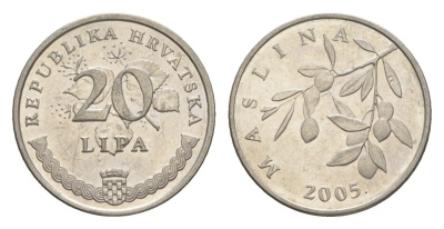 Хорватия 20 лип 2005 олива, нечетный год KM 7 сталь плакированная никелем UNC 3309-1268