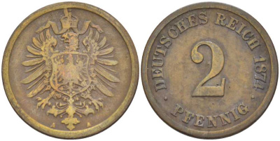 ГЕРМАНИЯ 2 ПФЕННИГА 1874 A, СТАРОГЕРБОВКА KM 2, J. 2, Weege 3 медь 212-437