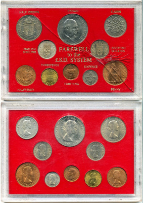 Великобритания набор из 10 монет 1945-1967 двенадцатиричная денежная система, 1 крона Черчилль, в пластике UNC 3-4-12-8