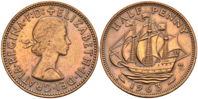 Великобритания 1/2 пенни 1963 Елизавета II (1952-2022) KM 896, Spink 4158 бронза    4153-327