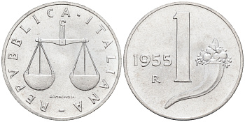 Италия 1 лира 1955 R, весы KM 91 алюминий  UNC  4594-737