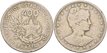 Бразилия 400 рейс 1901 голова свободы вправо KM 505 медно-никель 4367-231