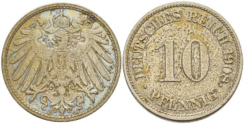 ГЕРМАНИЯ 10 ПФЕННИГОВ 1908 J KM 12, J. 13, Weege 8 медно-никель 212-121