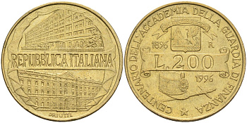 Италия 200 лир 1996 R, 100 лет Академии таможенной службы KM 184 алюминиевая бронза 4126-127