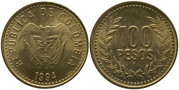 Колумбия 100 песо 1994 KM 285.1, Restrepo 445.3 латунь 4538-1242