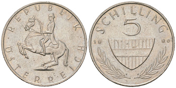 Австрия 5 шиллингов 1990 KM 2889a медно-никель 202-442