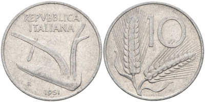 Италия 10 лир 1951 R, плуг KM 93 алюминий 51-2654