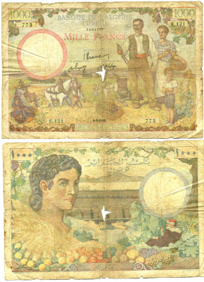 ТУНИС 1000 ФРАНКОВ 1946 БАНК АЛЖИРА И ТУНИСА Pick 26 бумага 2192-83-1