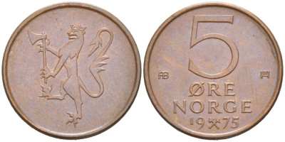 Норвегия 5 эре 1975 Улаф V (1958-1991) KM 415 бронза 218-1055