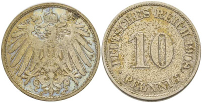 ГЕРМАНИЯ 10 ПФЕННИГОВ 1908 J KM 12, J. 13, Weege 8 медно-никель 212-121