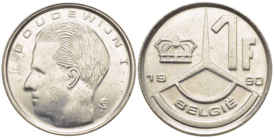 Бельгия 1 франк 1990 Belgie, Бодуэн I (1951-1993) KM 171 нержавеющая сталь 116-1041