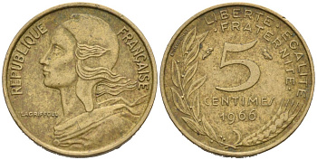 Франция 5 сантимов 1966 ТИП MORLON KM 933, Le Franc 125.2 медь алюминий никель 4564-764