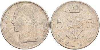 Бельгия 5 франков 1967 Belgie, Бодуэн I (1951-1993) KM 135.1 медно-никель 4556-423