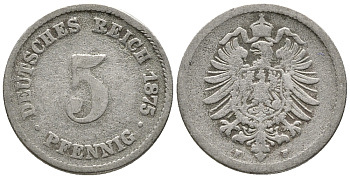 ГЕРМАНИЯ 5 ПФЕННИГОВ 1875 F, СТАРОГЕРБОВКА KM 3, J. 3 медно-никель 39-346