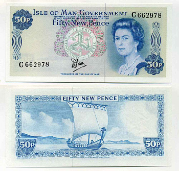 ОСТРОВ МЭН 50 ПЕНСОВ 1979 ПОДПИСЬ 5, ЕЛИЗАВЕТА II Pick 33a бумага UNC (ПРЕСС) 8589-41-1-1