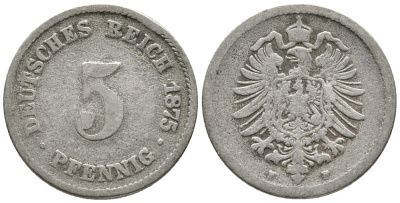 ГЕРМАНИЯ 5 ПФЕННИГОВ 1875 F, СТАРОГЕРБОВКА KM 3, J. 3 медно-никель 39-346