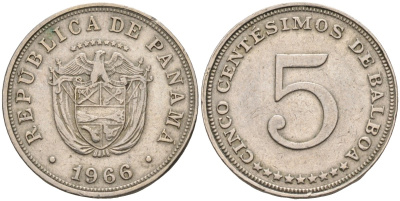 Панама 5 сентесимо 1966 KM 23.2 медно-никель 4588-914