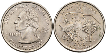 США 25 центов = квотер 2000 P, серия штаты США, Южная Каролина KM 307 медь плакированная медно-никелем 4586-133