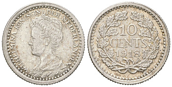 Нидерланды 10 центов 1918 Вильгельмина (1890-1948) KM 145 серебро 4151-748
