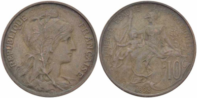 ФРАНЦИЯ 10 САНТИМОВ 1898 ТИП ДАНИЭЛЬ ДЮПЮИ KM 843, LA FRANC 136.6 бронза 109-116