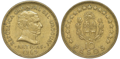 Уругвай 10 песо 1965 KM 48 алюминиевая бронза 4683-331