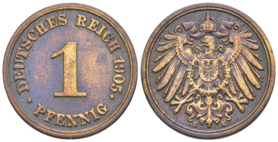 ГЕРМАНИЯ 1 ПФЕННИГ 1905 E KM 10, Jager. 10, Weege 2 медь 4528-1231