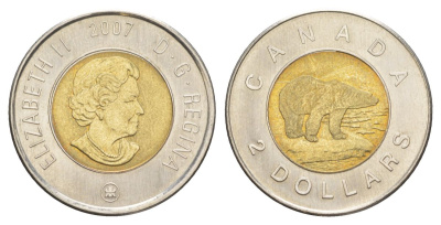 Канада 2 доллара 2007 Елизавета II (1952-2022), полярный медведь KM 837 биметалл UNC 4631-846