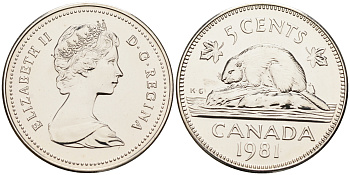 Канада 5 центов 1981 Елизавета II (1952-2022), бобер KM 60.2 никель  BUNC  4148-1235