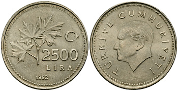 Турция 2500 лир 1992 Кемаль Ататюрк KM 1015 никель бронза 4171-1156