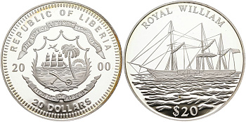 Либерия 20 долларов 2000 парусник "ROYAL WILLIAM" KM 656 серебро PROOF 11-155-11