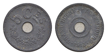 Люксембург 5 сантимов 1915 год-тип, Мария Аделаида (1912-1919), Германская оккупация KM 27 цинк 4659-416