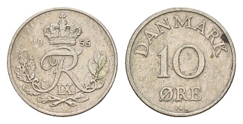 Дания 10 эре 1955 Фредерик IX (1947-1972) KM 841 медно-никель 4651-825