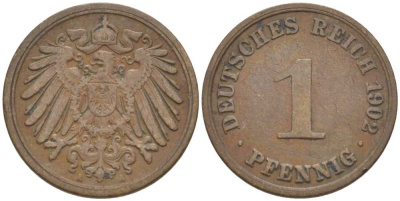 ГЕРМАНИЯ 1 ПФЕННИГ 1902 A KM 10, J. 10, Weege 2 медь 211-264