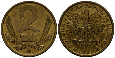Польша 2 злотых 1976 Ленинградский монетный двор (ЛМД) KM 80.1, Parchimowicz 217b латунь 4177-811