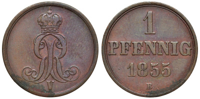 Ганновер 1 пфенниг 1855 B, Георг V KM 221, AKS 155, J. 83 медь 4594-268