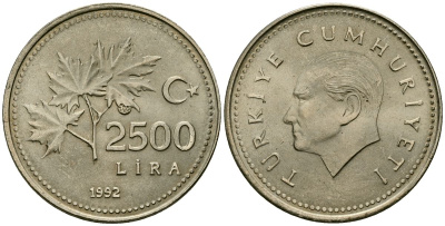 Турция 2500 лир 1992 Кемаль Ататюрк KM 1015 никель бронза 4171-1156