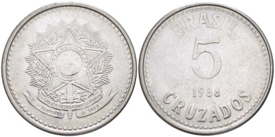 Бразилия 5 крузадо 1986 реформа (1986-1989) KM 606 нержавеющая сталь 28-1237