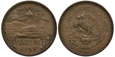 МЕКСИКА 20 СЕНТАВО 1953 ПИРАМИДА СОЛНЦА В ТЕОТИУАКАНЕ KM 439 бронза VF 215-834