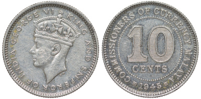 Британская Малайя 10 центов 1945 Георг VI (1937-1952) KM 4a серебро 53-263