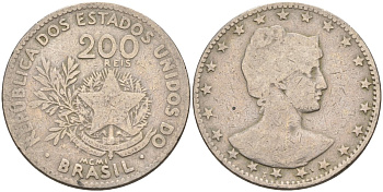 Бразилия 200 рейс 1901 голова свободы вправо KM 504 медно-никель 4589-1113