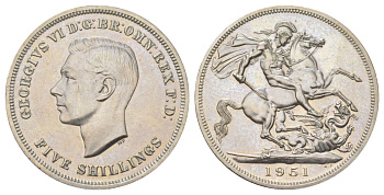 Великобритания 1 крона (5 шиллингов) 1951 Георг VI (1936-1952), фестиваль Британии, Георгий Победоносец KM 880, Spink 4111 медно-никель UNC 00-1067-7-52