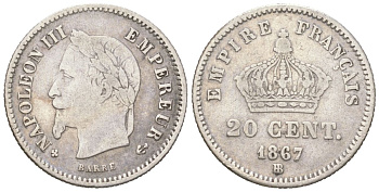 Франция 20 сантимов 1867 BB, Наполеон III (1852-1870) KM 808.2 серебро 4617-743