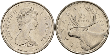 Канада 25 центов 1982 Елизавета II (1952-2022), олень карибу, второй портрет в короне KM 74 никель 4187-1142