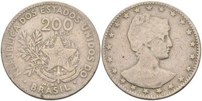 Бразилия 200 рейс 1901 голова свободы вправо KM 504 медно-никель 4589-1113