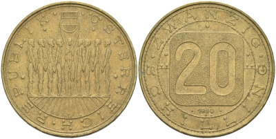Австрия 20 шиллингов 1980 девять провинций Австрии KM 2946 алюминиевая бронза 189-1216