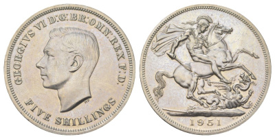 Великобритания 1 крона (5 шиллингов) 1951 Георг VI (1936-1952), фестиваль Британии, Георгий Победоносец KM 880, Spink 4111 медно-никель UNC 00-1067-7-52