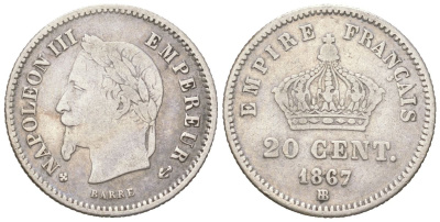 Франция 20 сантимов 1867 BB, Наполеон III (1852-1870) KM 808.2 серебро 4617-743