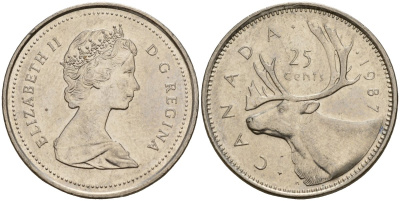 Канада 25 центов 1982 Елизавета II (1952-2022), олень карибу, второй портрет в короне KM 74 никель 4187-1142