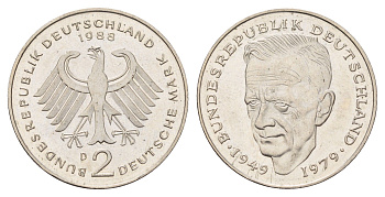 ФРГ 2 марки 1988 D, Курт Шумахер KM 149, J. 424 медно-никель 3459-1013