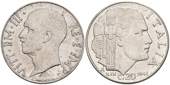 ИТАЛИЯ 20 ЧЕНТЕЗИМО 1941 R, ГОД XIX, ВИКТОР ЭММАНУИЛ III (1900-1946) KM 75b, VEM3. 1028 нержавеющая сталь 3853-645